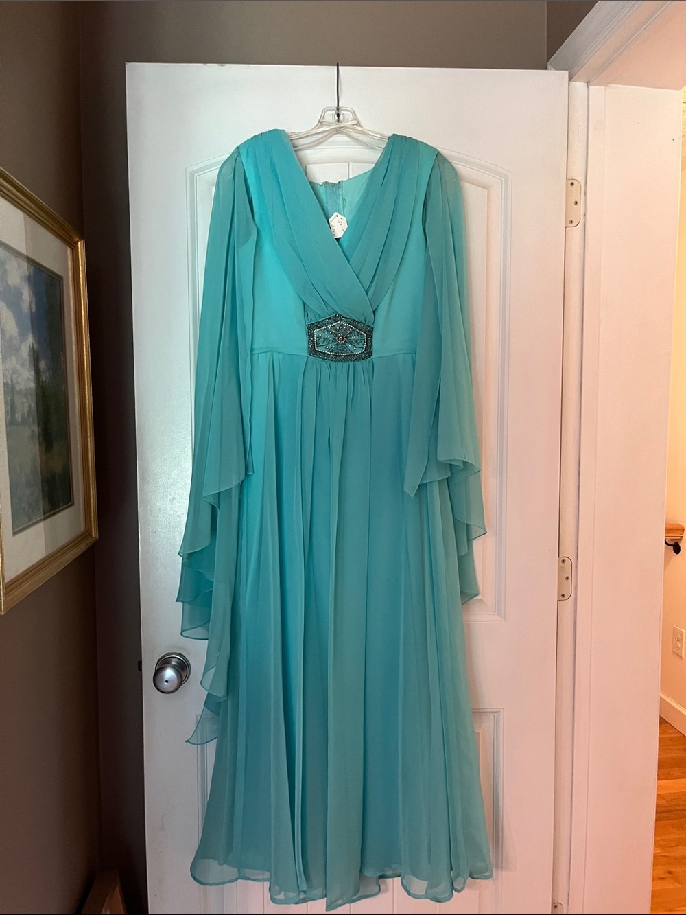 Elegant 1970’s Teal Chiffon Evening Dress with Beaded Waist